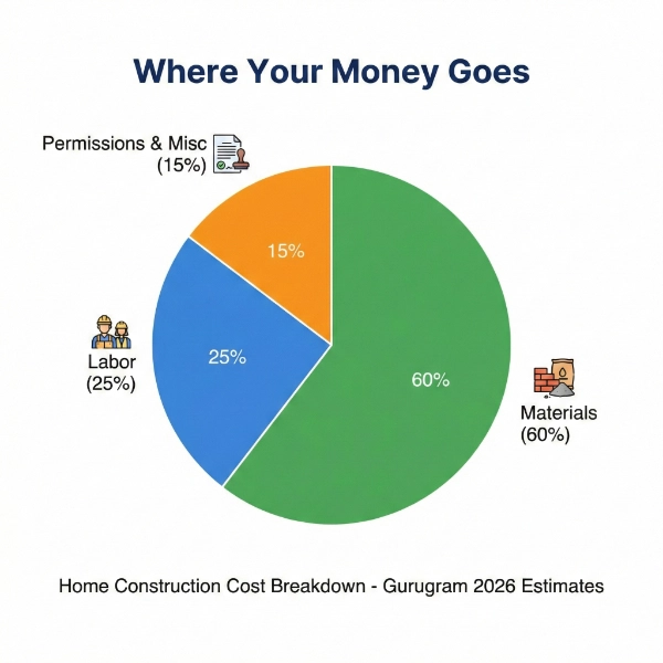 Home construction cost breakdown pie chart Gurugram 2026
